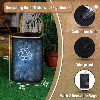 efluky Recycling Bin for Kitchen 26 Gallon, 100L Recycle Bin with 2 Removeable and Reusable Inner Bag, Large Recycling bin with lid for Bottle Can Plastice Stickers (Black)