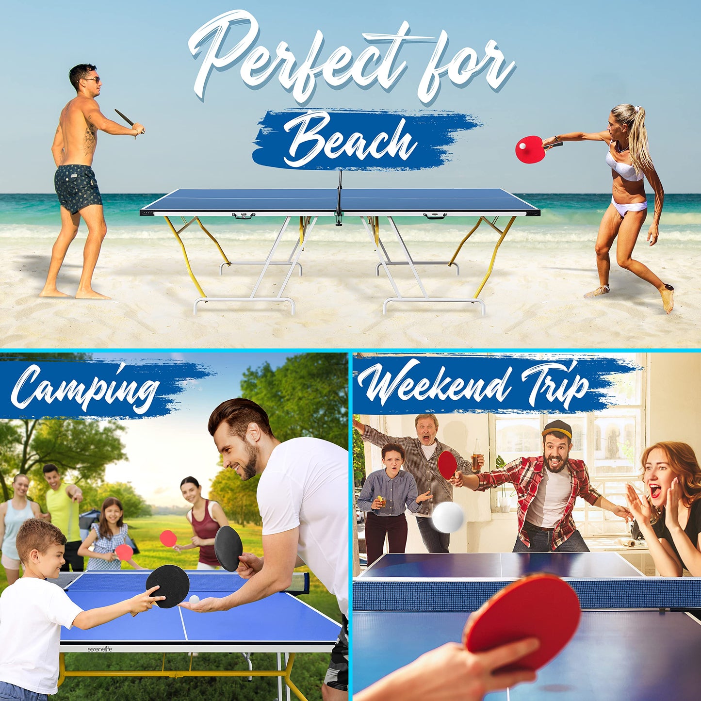 SereneLife Full Size Ping Pong Table, 9’ x 5’ Regulation Fold-Flat Table Tennis Table, Hinged Panels for SUV Transport and Easy Storage, Portable Space-Saving Design, Net & Post Set Included