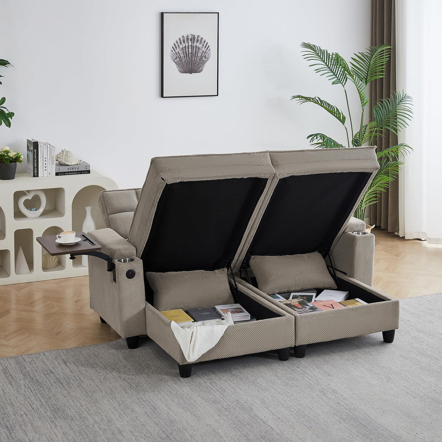 Eafurn Double Chaise Lounge Recliner with Storage, 71" Modern Sleeper Loveseat Sofa Couch with 6-Position Adjustable Split Backrest, Cup Holders and Swivel Tray Table for Living Room