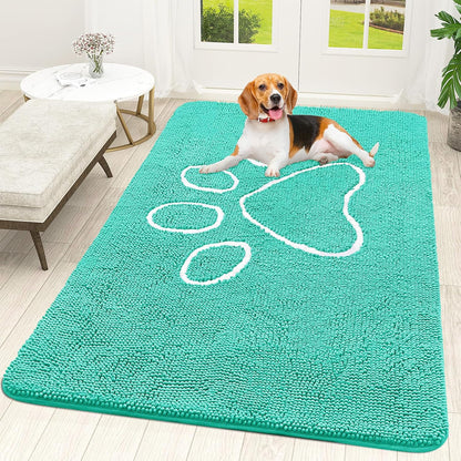 OLANLY Dog Door Mat - Absorbent Non-Slip Chenille Mat for Muddy Paws | 59x35 Teal Paw Print Design