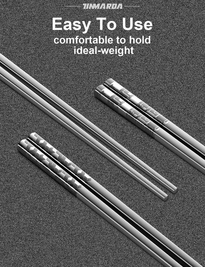 TINMARDA Metal Chopsticks Reusable 18/8 Stainless Steel Chopstick Sleek Engraving Patterns Chop Sticks Reusable Dishwasher Safe Non-Slip Japanese Korean ChopStick 5 Pairs Present Set