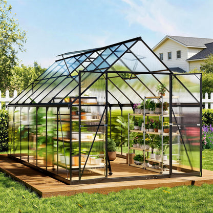 ASJMR 8×14 PC Outdoor Greenhouse, Green Houses for Outside with Aluminum Frame, Lockable Door & Adjustable Roof Vent - Heavy Duty Green Houses for Outside, Backyard, Garden, Patio Use (8×14)