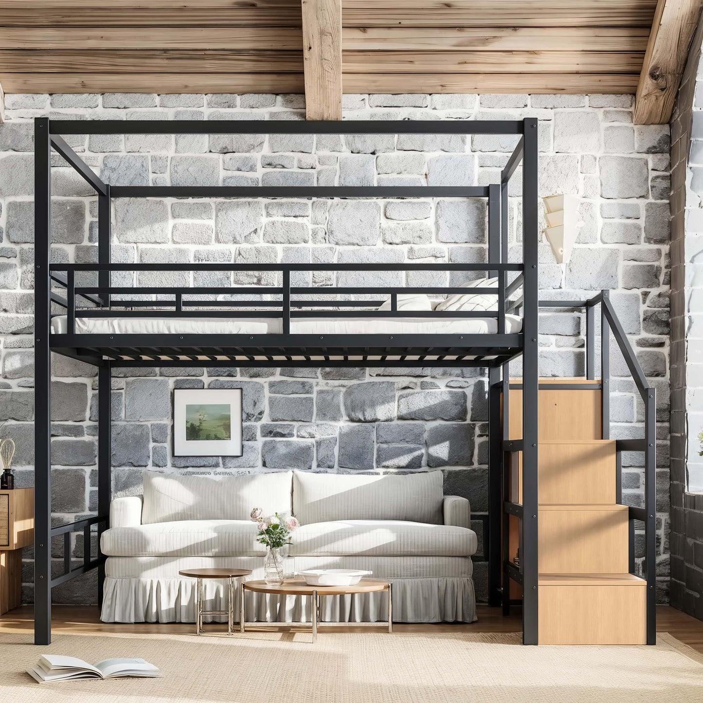 KEIKI Queen Size Metal Loft Bed Frame with with Canopy Frame & Storage Staircase & Wardrobe, Modern Loft Bed with Solid Slats & Guardrail, No Box Spring Required, Easy Assembly, for Bedroom, Black