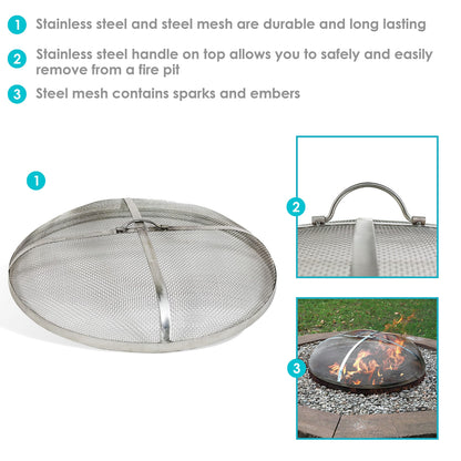 Sunnydaze Round Fire Pit Screen Cover - 30-Inch Stainless Steel Mesh Fire Pit Spark Screen - Spark Lid Top Cover with Handle