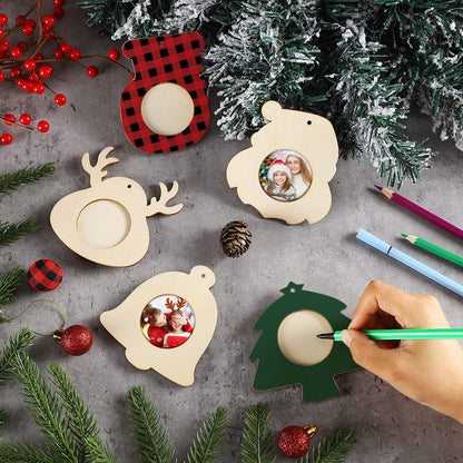 20 Pieces Christmas Wooden Photo Frame Ornaments Crafts Wood Picture Frame Ornaments Pack to Paint DIY Christmas Decor for Crafts Holiday Presents Home Tree Decoration(Cute Style)