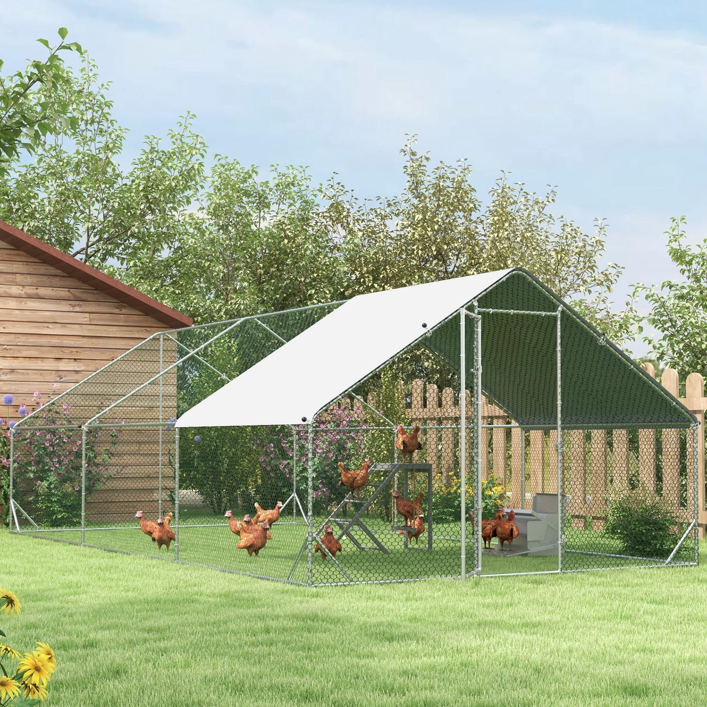 PawHut Large Chicken Coop Metal Chicken Run with Waterproof and Anti-UV Cover, Spire Shaped Walk in Fence Cage Hen House for Outdoor and Yard Farm Use, 1" Tube Diameter, 9.8' x 19.7' x 6.6'