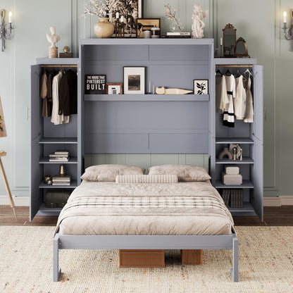 Merax Queen Size Wood Murphy Bed, with 2 Wardrobe and Storage Shelf, Multifunctional Foldable Wall Platform Bedframe for Guest-Room, Bedroom, Gray