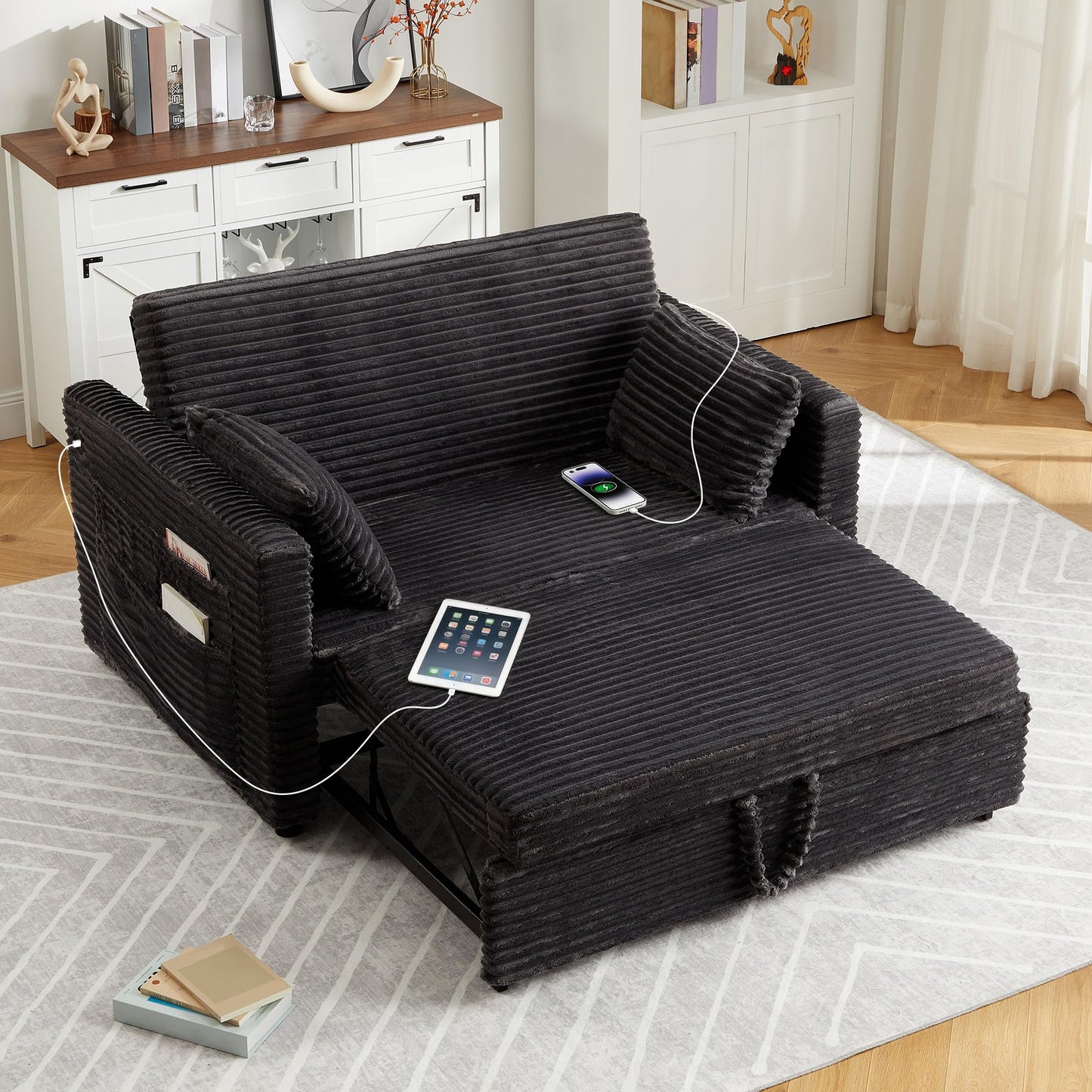 Garvee Futon Sofa Bed, 55'' Loveseat Corduroy Convertible Sleeper Sofa with Pull Out Couch and Adjustable Backrest, 2 Charging Stations, Side Pockets for Living Room, Apartment, Office, Dark Grey