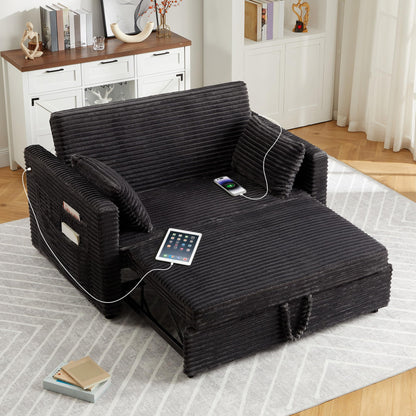 Garvee Futon Sofa Bed, 55'' Loveseat Corduroy Convertible Sleeper Sofa with Pull Out Couch and Adjustable Backrest, 2 Charging Stations, Side Pockets for Living Room, Apartment, Office, Dark Grey