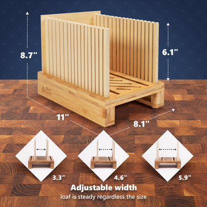 Albert & Grace Adjustable Bread Slicer – Premium Cross-Laminated Bamboo, High 6.1” Guides, 3 Width Settings, 2 Slice Thicknesses – Folds Flat – Perfect for Sourdough, Homemade Loaves & Bagels