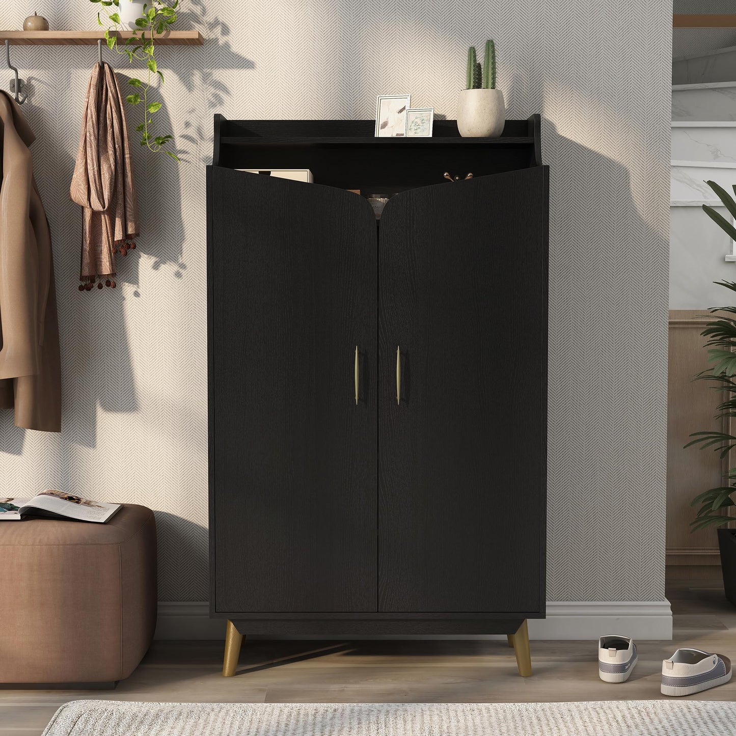 24/7 Shop at Home Ansel Mid-Century Modern 2-Door Storage Wood 32 in. Shoe Cabinet with Adjustable Shelves for Entryway, Hallway, Black