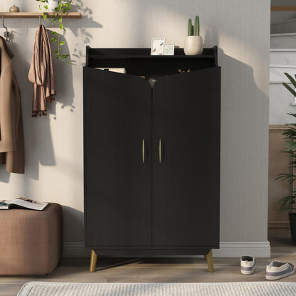 24/7 Shop at Home Ansel Mid-Century Modern 2-Door Storage Wood 32 in. Shoe Cabinet with Adjustable Shelves for Entryway, Hallway, Black