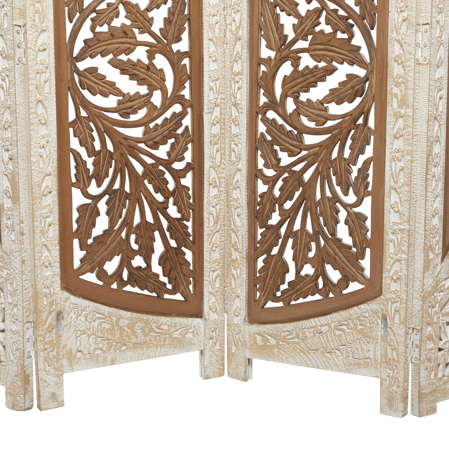 Deco 79 Mango Wood Floral Handmade Partition Room Divider Screen Foldable Arched Partition 4 Panel Privacy Screen with Intricately Carved Designs, Room Partition 62" x 1" x 72", Brown