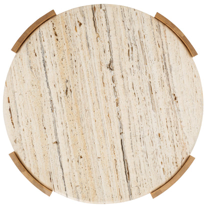 SAFAVIEH Couture Collection - Damarcus Travertine Top Round Coffee Table with Natural Brown Solid Wood Base, Modern Accent Cocktail Table (SFV9731A)