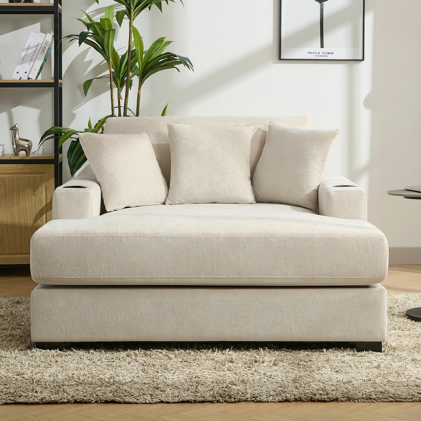 Merax Modern 55" Chaise Lounge with Pillow, Charge Station & Cup Holders,Upholstered Sofa Recliner Chair for Living Room Bedroom Cream