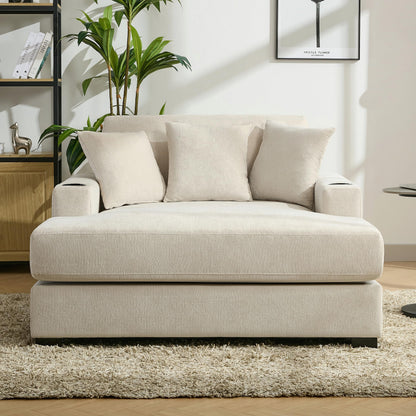 Merax Modern 55" Chaise Lounge with Pillow, Charge Station & Cup Holders,Upholstered Sofa Recliner Chair for Living Room Bedroom Cream