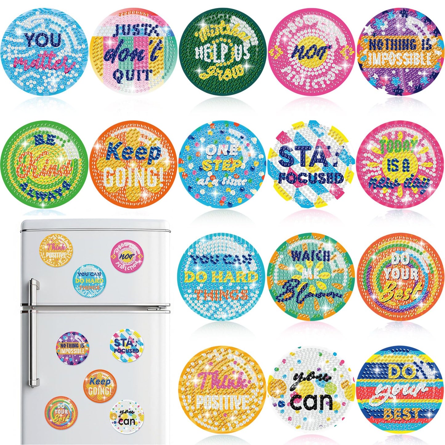 Relaxweex 16 Pcs Diamond Inspirational Refrigerator Magnets Gifts Diamond Motivational Painting Refrigerator Magnets DIY Positive Affirmation Emblems Gifts for Adults Locker Whiteboard Home Crafts