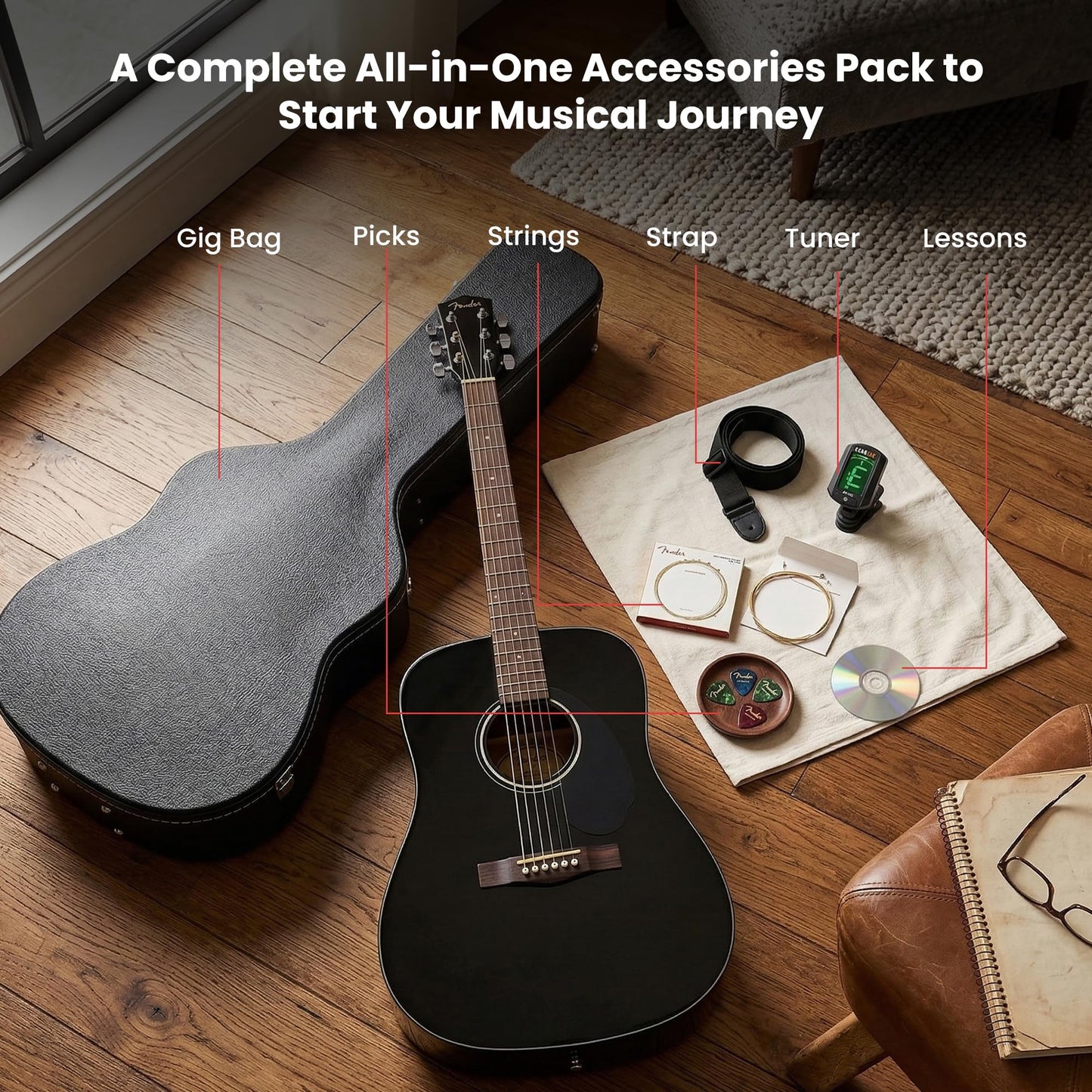Fender CD-60S Solid Top Dreadnought Acoustic Guitar - Black Bundle with Hard Case, Tuner, Strap, Strings, Picks, and Austin Bazaar Instructional DVD