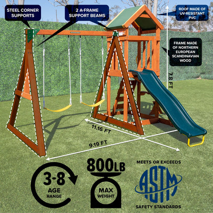 Sportspower Scottsdale Cedar Wood Swing Set: 2 Adjustable Swings, Sandbox, Rock Climber, Covered Deck, 1 Slide - Exceeds ASTM Safety Standards