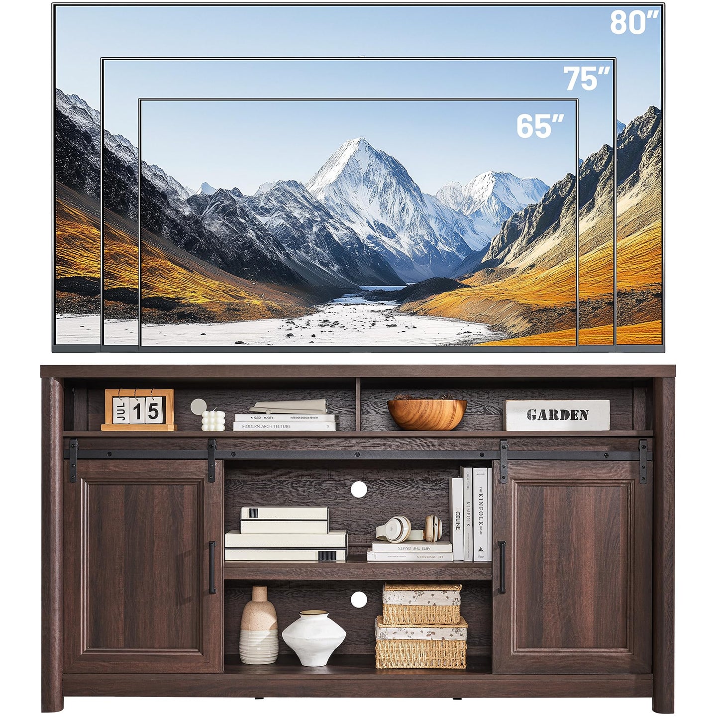 Farmhouse TV Stand for Living Room, Entertainment Center with Storage, Walnut TV Console for Bedroom, Media Storage Cabinet with Sliding Barn Doors & Adjustable Shelves, Fits 80 Inch TV, Rustic Wood