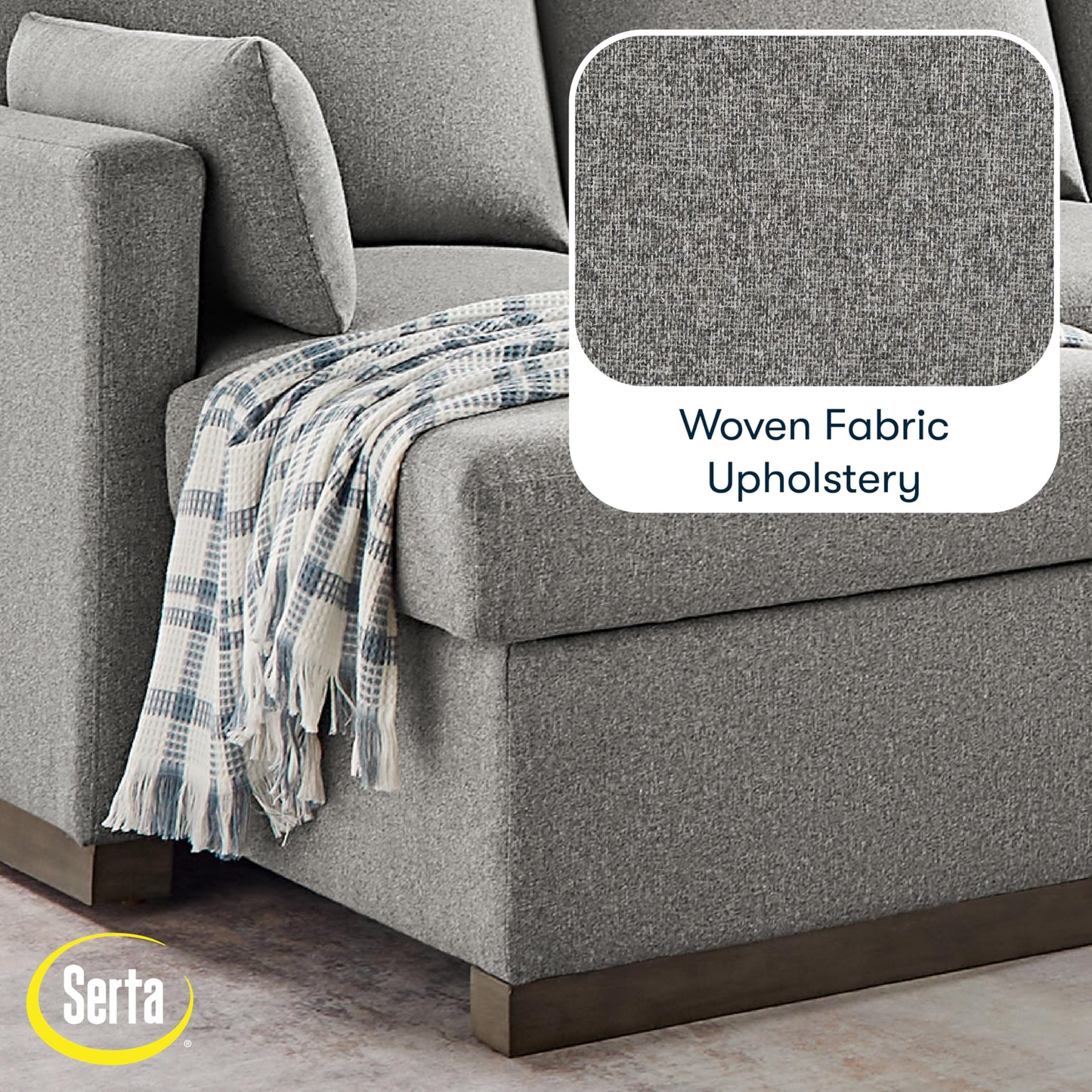 Serta® Emmett 110.2" Convertible Sleeper Sectional, Queen Size, Dreamcoil® Comfort, Reversible Storage Chaise, USB-C and USB-A Power Ports, Woven Fabric, Light Grey