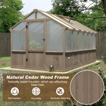 Yardenaler 8x12 FT Greenhouse Kit with 6MM Thick Polycarbonate Panel for Outdoor, Wooden Walk-in Green House with Adjustable Roof Vent and Lockable Door, Backyard, Garden, Light Mocha Brown