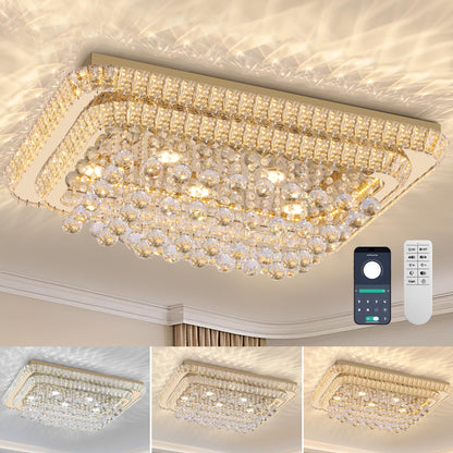 32 inch Crystal Flush Mount Chandelier, Modern Raindrop Crystal Gold Chandeliers with Remote and APP, 3 Colors Temp & Brightness Adjustable, Ceiling Light for Bedroom Hallway DiningRoom Living Room