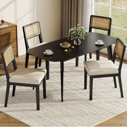 Garvee Rattan Dining Chairs Set of 4, French Country Upholstered Dining Chairs Wood Frame, Rattan Backrest, Armless Chair for Kitchen Restaurant Dining Room Bedroom, Linen, Black