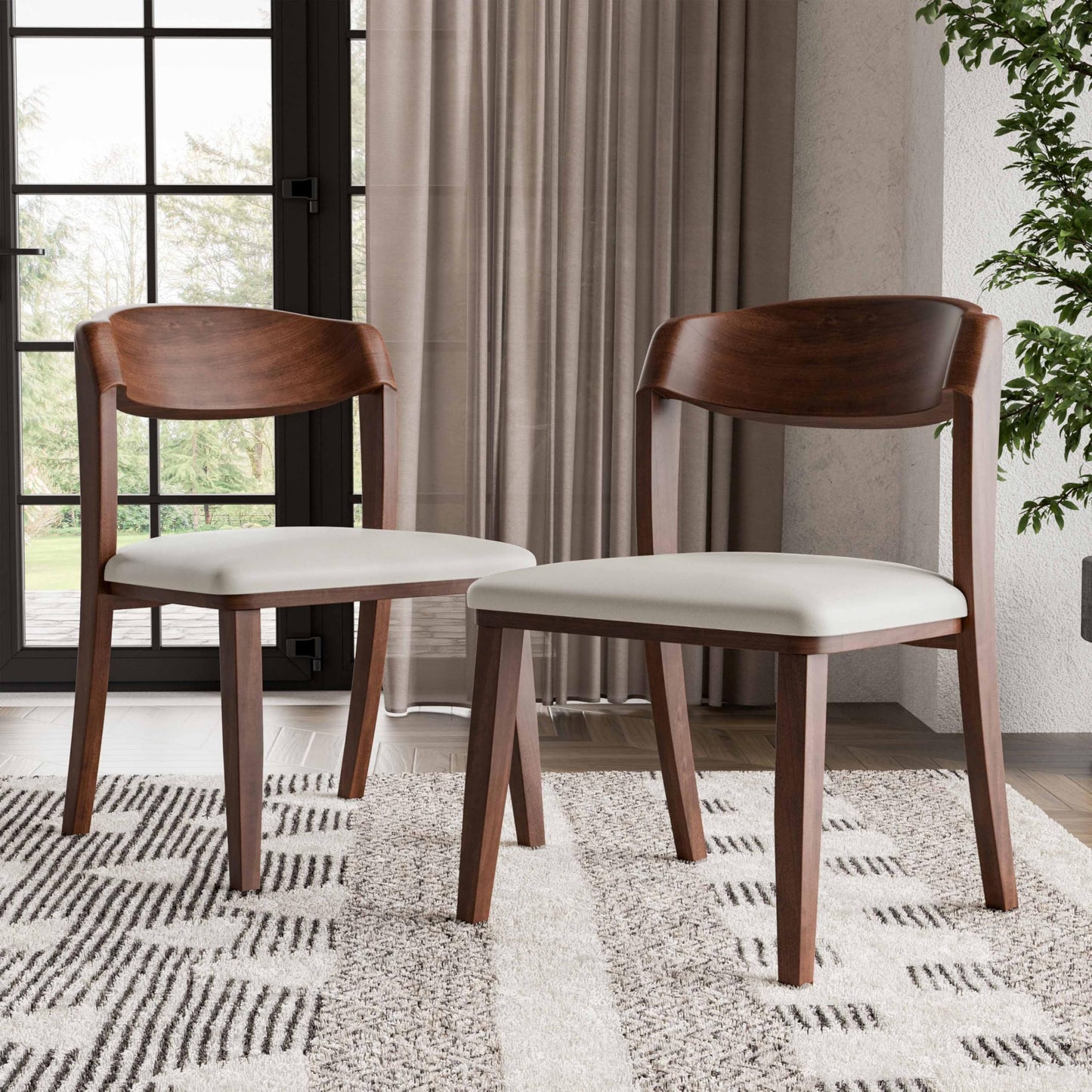 Furniture of America Nazaen IV Mid-Century Modern Solid Wood 20-inch Side Chairs Set of 2 with Curved Backrest, Semi-Handmade, Upholstered Seating for Home Kitchen, Dining Room, Rich Walnut