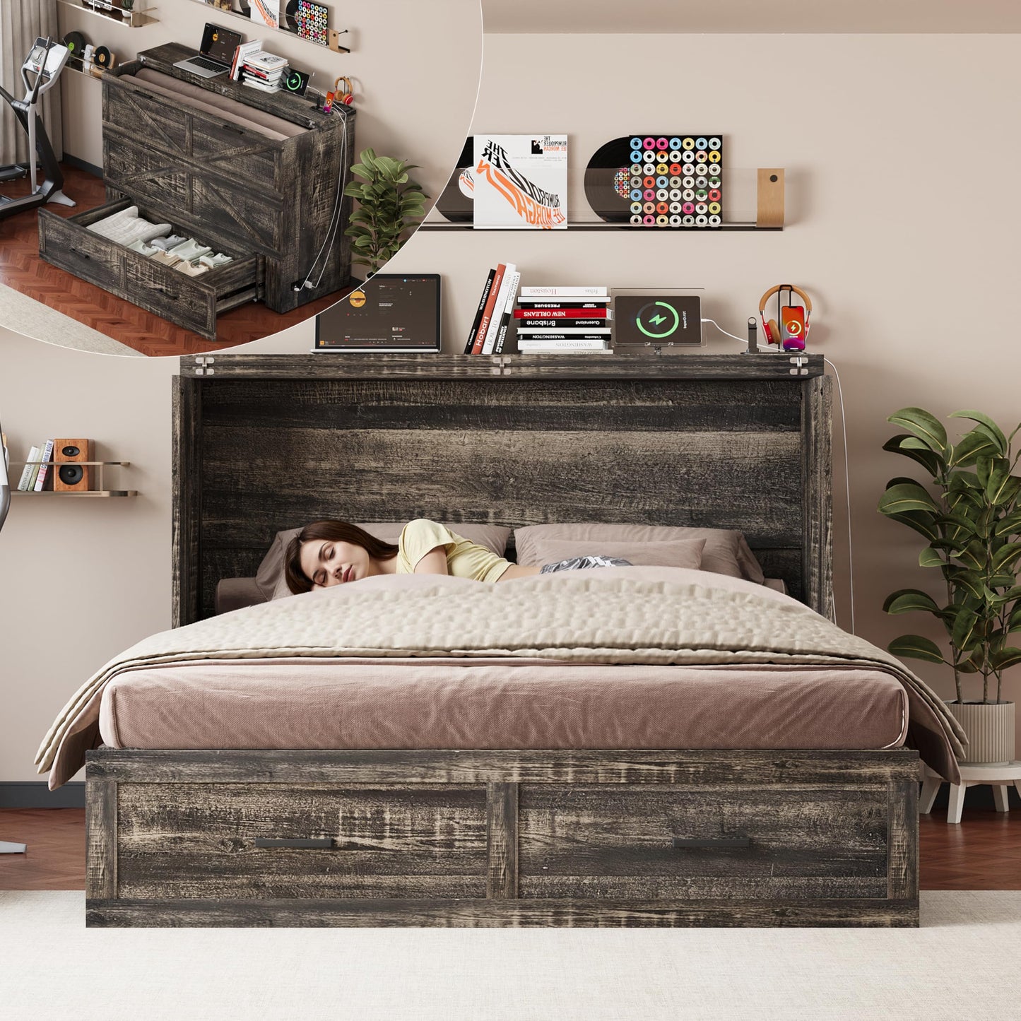 Queen Murphy Bed with Charging Station,Farmhouse Murphy Beds w/Large Storage Drawer,Hideaway Foldable Platform Bed for Guest Bedroom, Living Room, Office,Small Room,Pull Out Bedframe,Grey