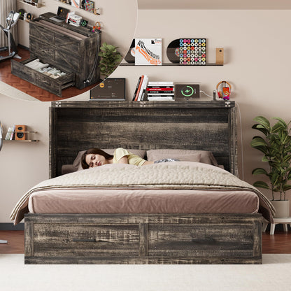 Queen Murphy Bed with Charging Station,Farmhouse Murphy Beds w/Large Storage Drawer,Hideaway Foldable Platform Bed for Guest Bedroom, Living Room, Office,Small Room,Pull Out Bedframe,Grey