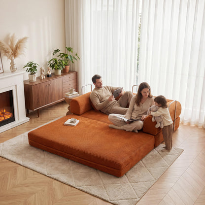 53.15"Boneless Couch,4-in-1 Futon Sofa Bed Modular Loveseat Sleeper Folding Compressed Couch with Pillows,No Assembly Required Convertible Sofa Bed for Living Room Bedroom Guest Room,Orange