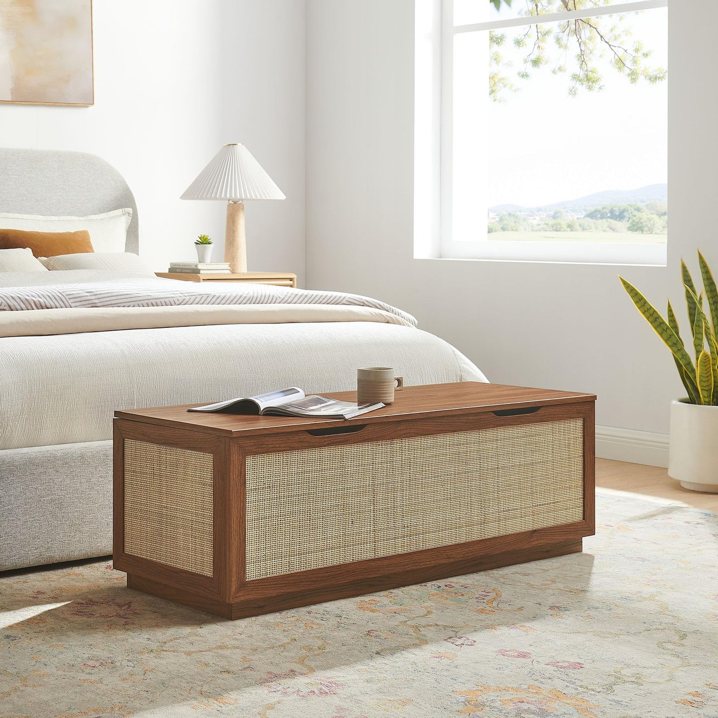 Modway Soma Rattan Storage Bench in Walnut – Faux Cane Flip-Top Low Profile Storage Ottoman for Bedroom, Entryway, or Living Room