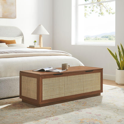 Modway Soma Rattan Storage Bench in Walnut – Faux Cane Flip-Top Low Profile Storage Ottoman for Bedroom, Entryway, or Living Room