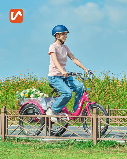 VIRIBUS Folding Tricycle for Adults, 7 Speed 20 Inch Mini Foldable 3 Wheel Bikes for Women Seniors with Dual Chain & Low Step-Through Frame, Collapsible Trike with Cargo Basket, 330 lbs, Hot Pink