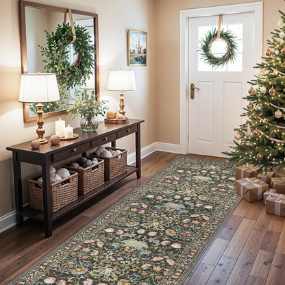 Skiennix Wide Hallway Runner Rug - 3x10 Water-Resistant Vintage Soft Carpet | Non-Slip Indoor Mat in Green