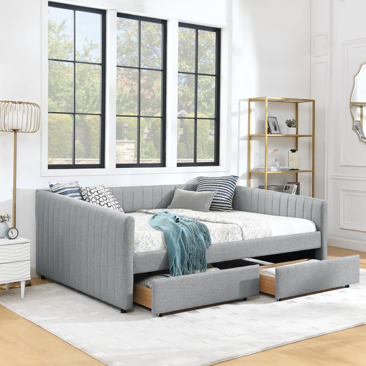 Ball & Cast Queen Size Daybed with Storage Drawers, Linen Upholstered Sofa Bed with Channel Tufted Backrest, Day Bed Frame with Wood Slats Supports, No Box Spring Needed,Grey