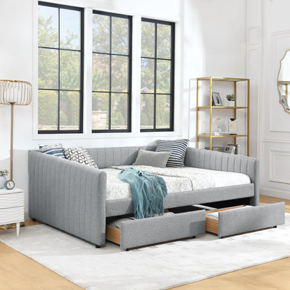 Ball & Cast Queen Size Daybed with Storage Drawers, Linen Upholstered Sofa Bed with Channel Tufted Backrest, Day Bed Frame with Wood Slats Supports, No Box Spring Needed,Grey