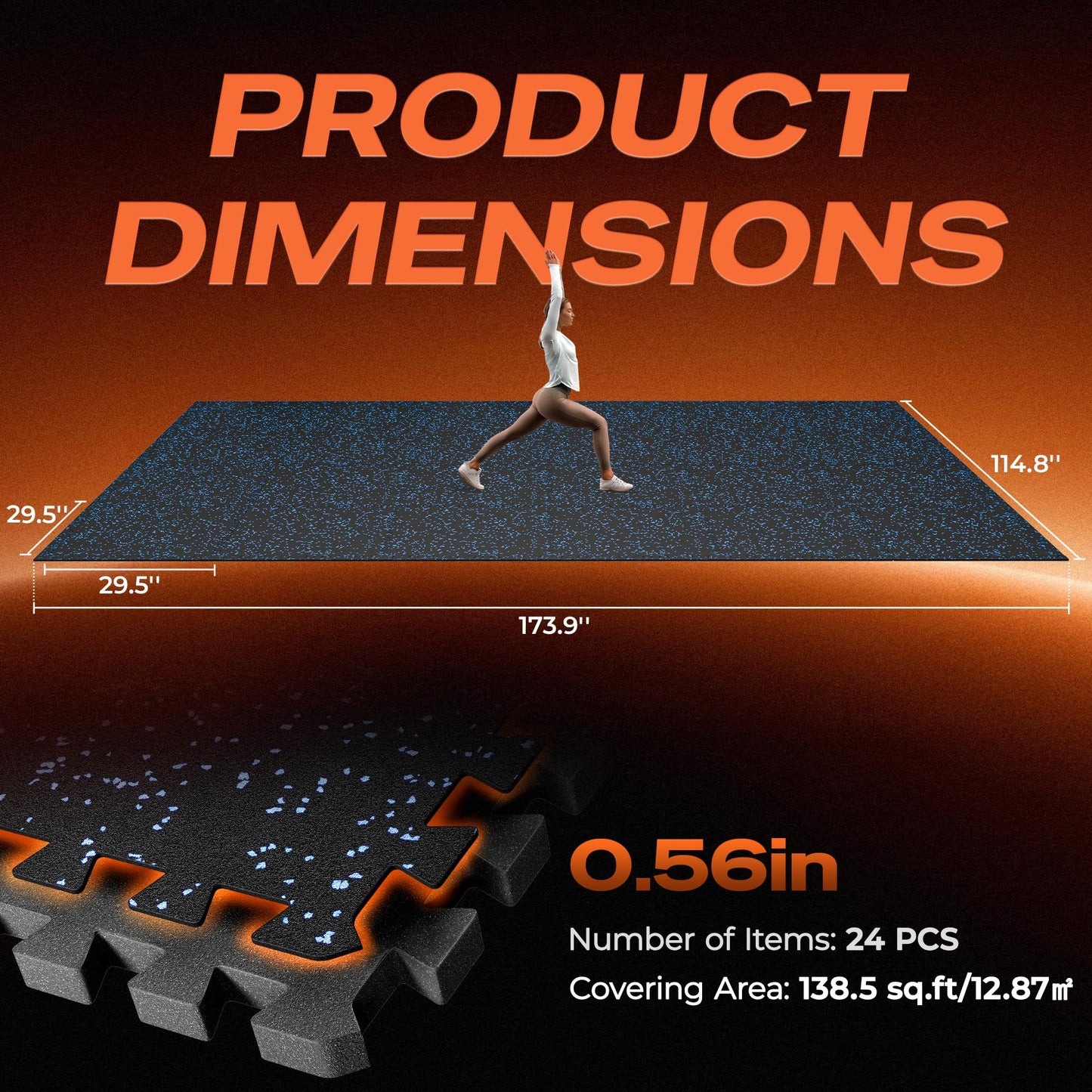 SUPERJARE 0.56" Thick Rubber Top Exercise Mats, 24PCS High-Density EVA Foam Interlocking Gym Flooring, Durable Workout Mat for Home Gym, Garage & Fitness Floor Protection, Black/Blue