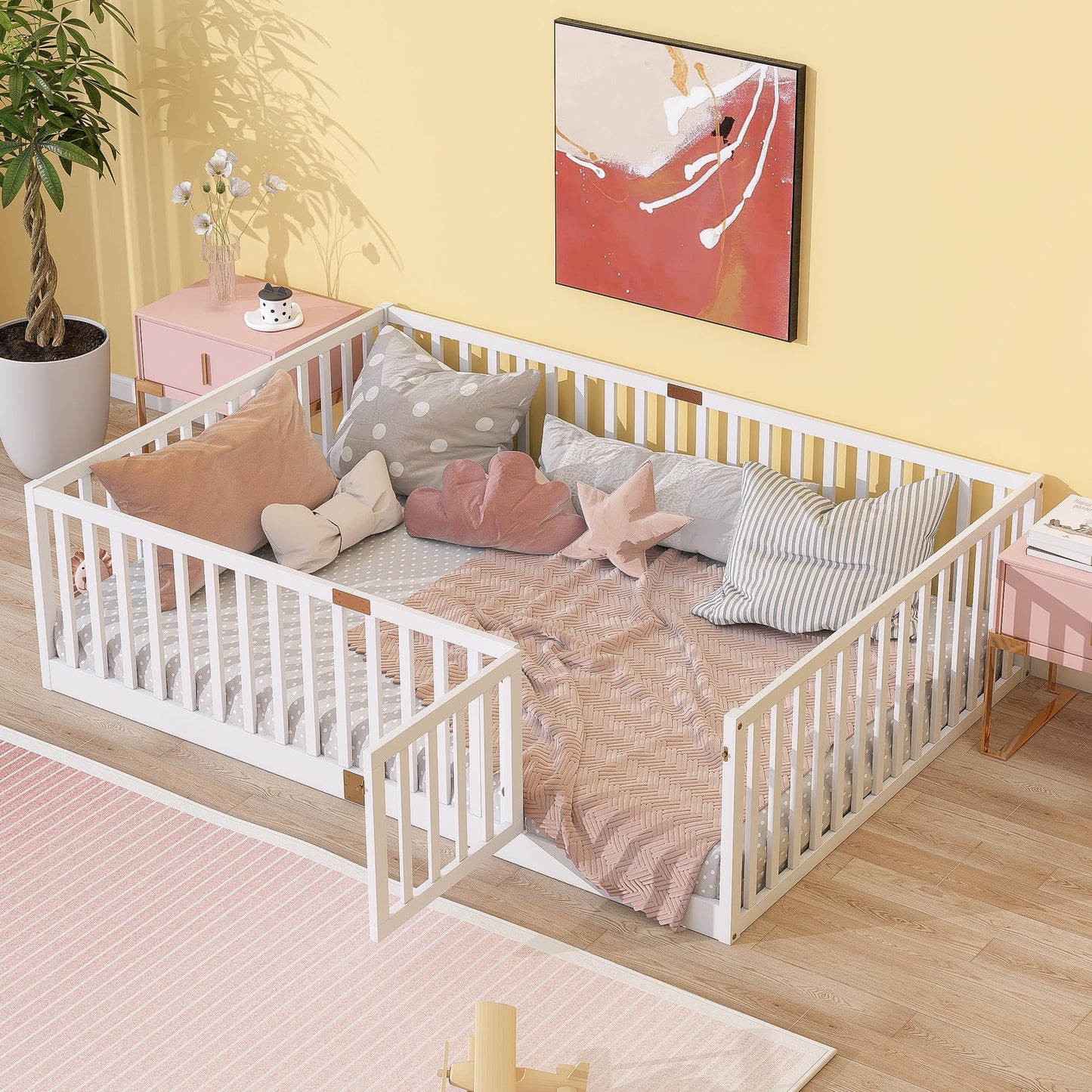 KEIKI Full Floor Bed with 21.5" Safety Guardrails & Door, Kids Floor Bed Frame with 6 Slats, Solid Wood Montessori Bed for Toddler Bedroom, White