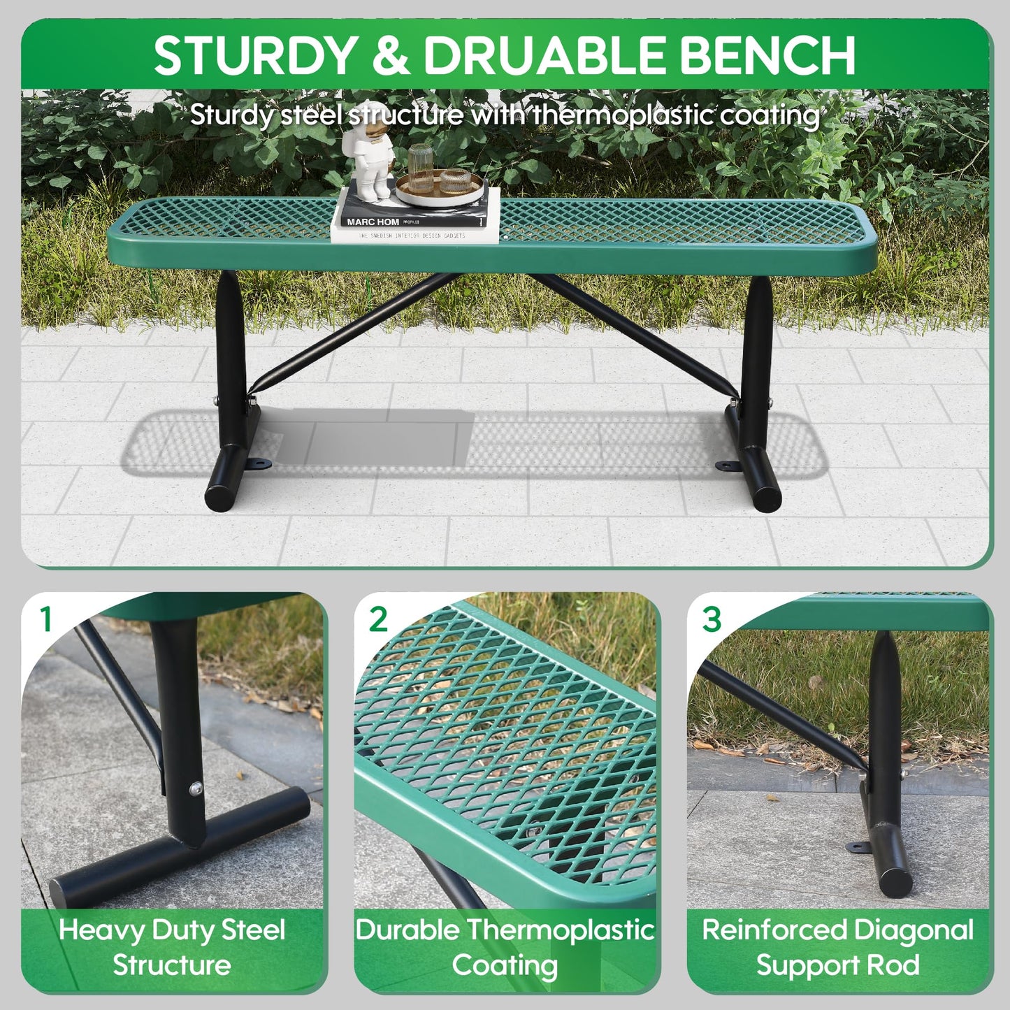 Sunnibety 6 Feet Heavy Duty Metal Park Bench for Outside, Outdoor Bench with Portable Frame, Commercial Benches for Shopping Mall, Store, Park, Patio, Deck, Green