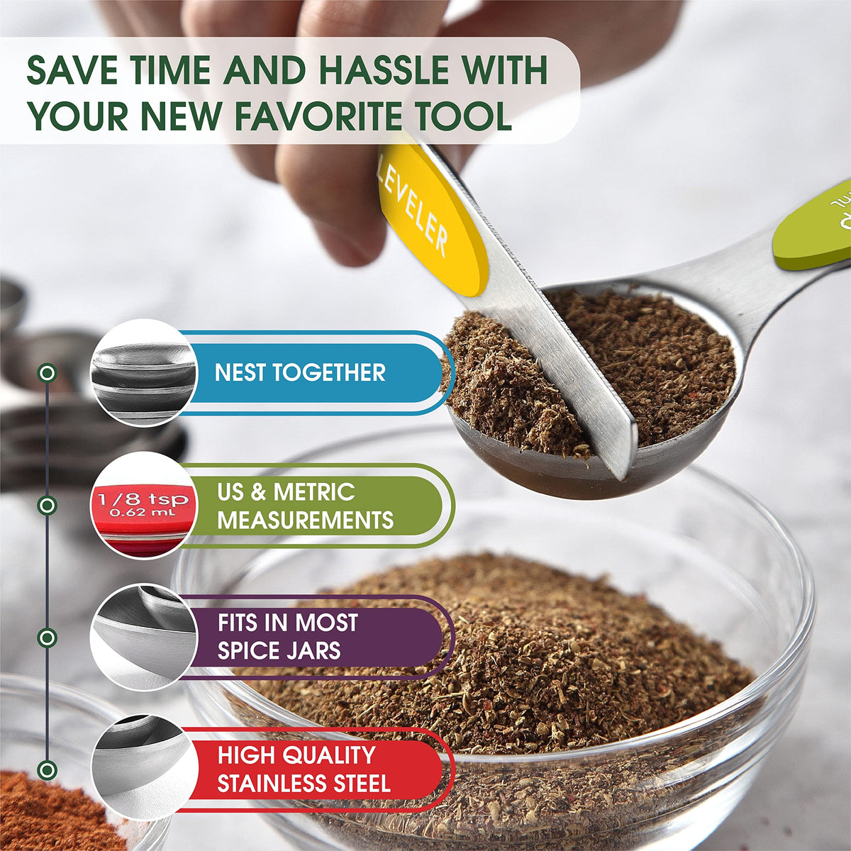 Spring Chef Stainless Steel Magnetic Measuring Spoons Set with Strong Magnets, Heavy Duty Metal Kitchen Essentials - Fits in Most Kitchen Spice Jars, Multicolor, Set of 8 with Leveler