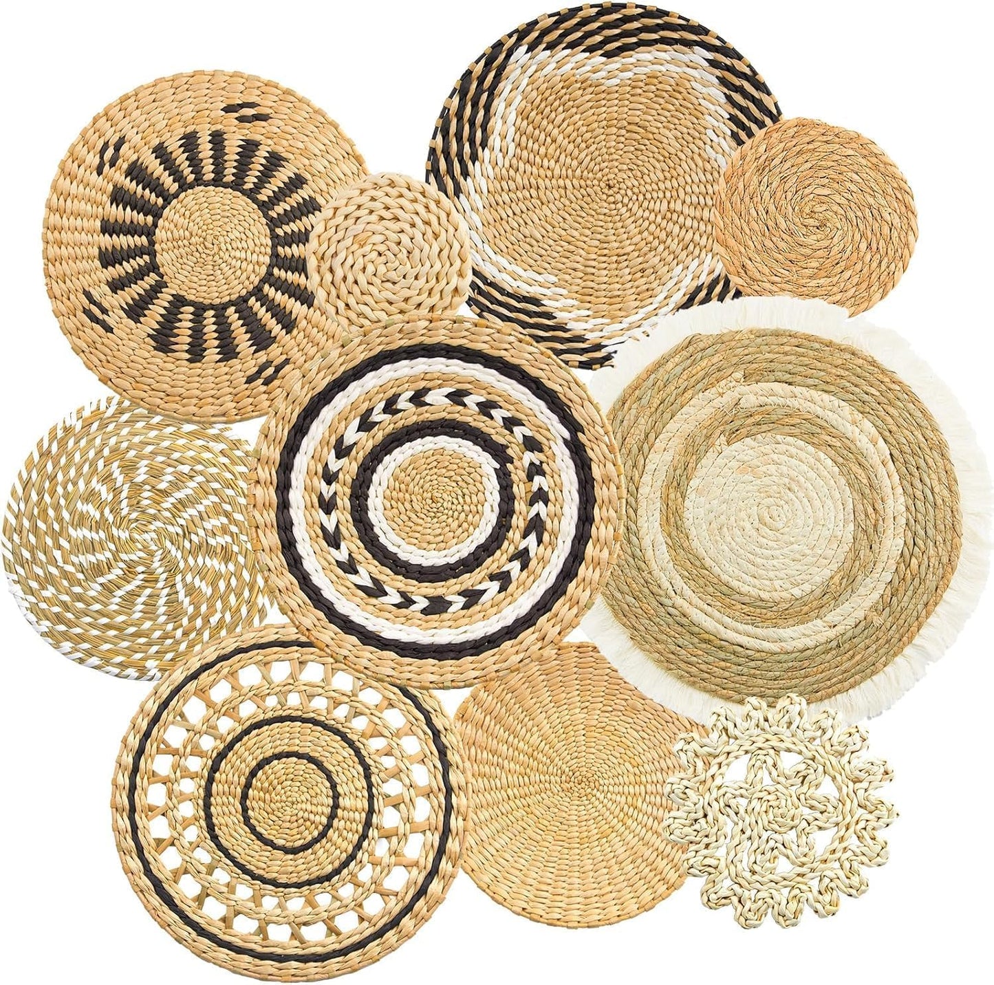 10 Pack Boho Wall Decor, 15 Inch Wall Basket Decor Round Handmade Hanging, Rattan Woven Round Wall Art for Living Room, Rustic Flat Elegant, Farmhouse, Bedrooms, Table Settings, Kitchen, Home