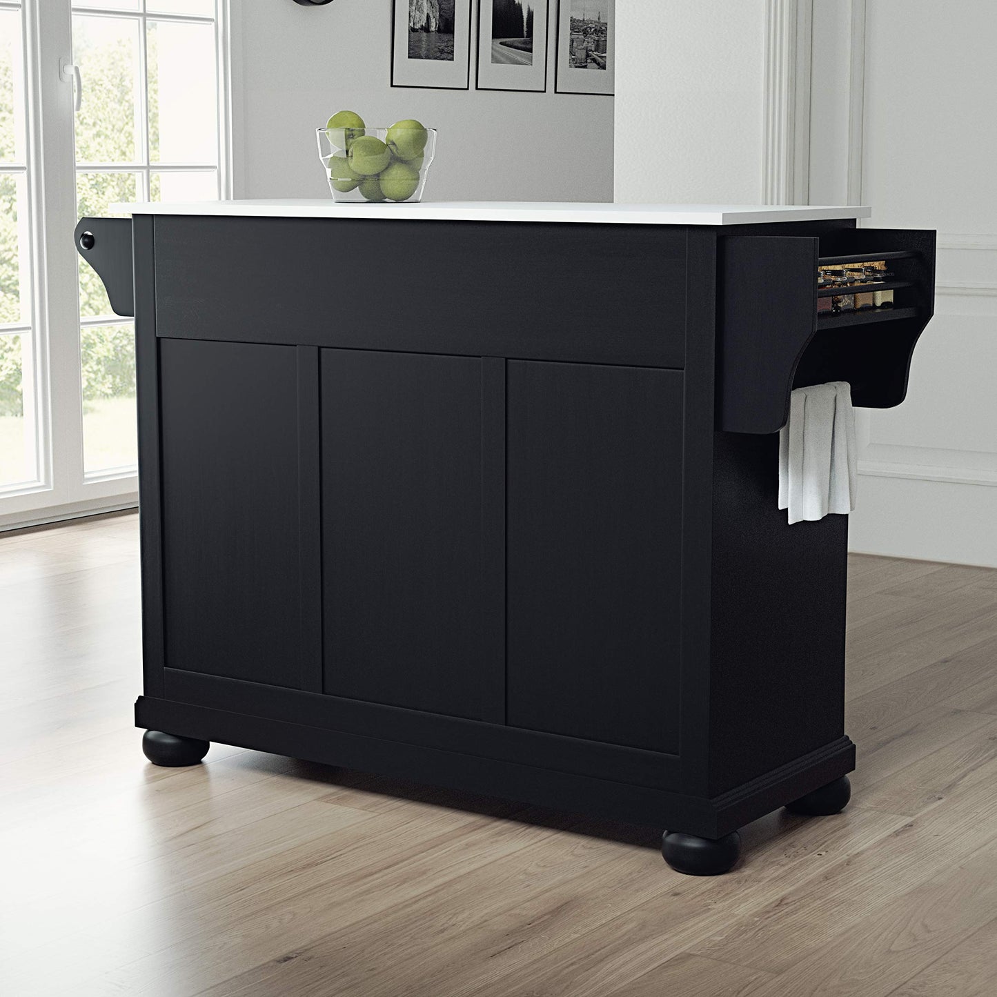 Crosley Furniture Alexandria Stone Top Rolling Kitchen Island Storage Cart, Microwave Stand, Spice Rack, Black
