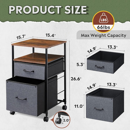 DEVAISE 2 Drawer Mobile File Cabinet, Rolling Printer Stand with Open Storage Shelf, Rustic Brown