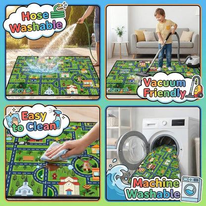 2.5x4 Kids Car Rug Play Mat Feet City Life Road Traffic Carpet for Bedroom Playroom Non Slip Backing Washable Floor Mat
