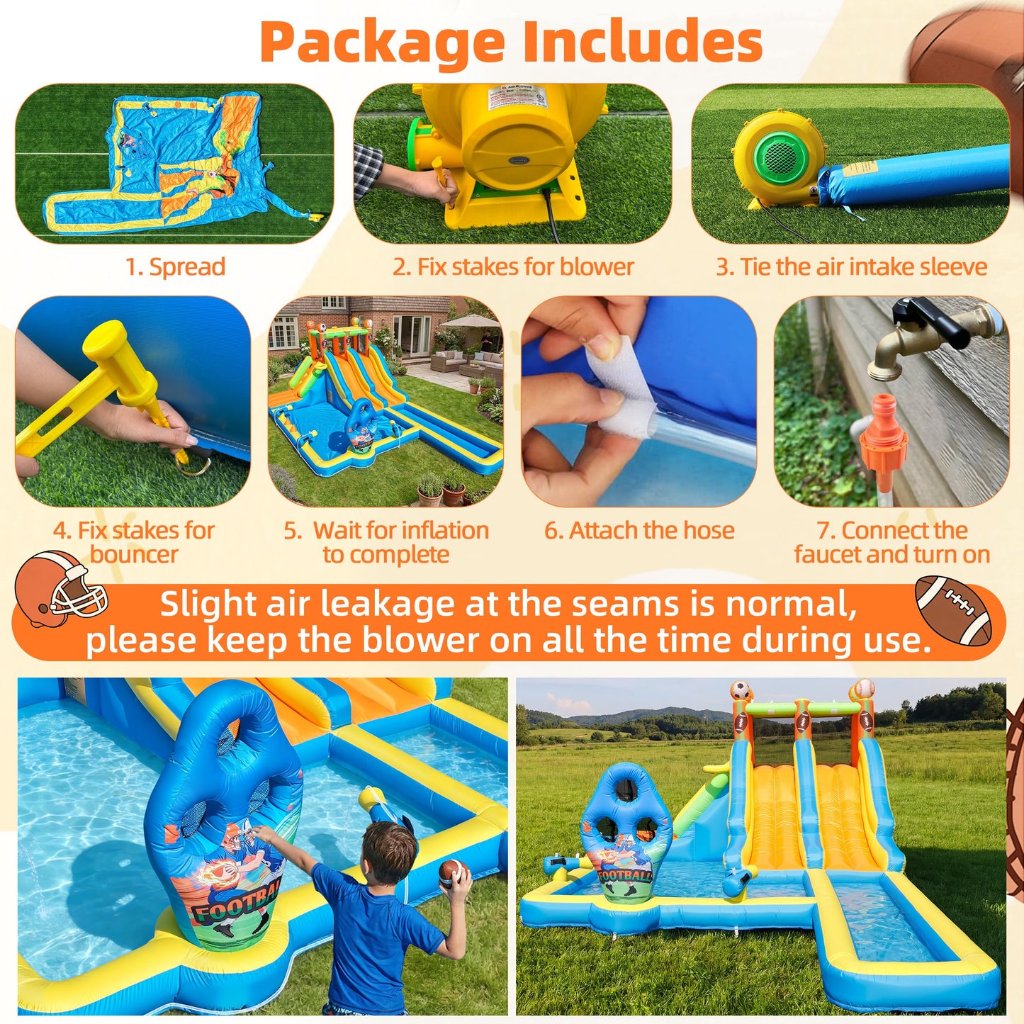 TOAOB Inflatable Water Slide for Kids 3-12: Blow Up Backyard Water Park with 2 Slides - 9 in 1 Football-Themed with 550W Blower for Outdoor Birthday Party