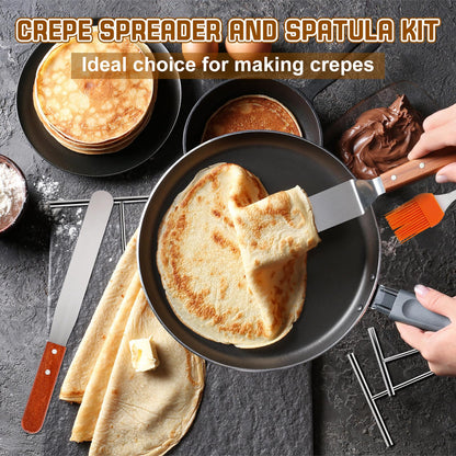 Acellegic 6 Pcs Crepe Spreader and Spatula Kit Stainless Steel 3.5", 5", 7" T-shaped Batter Spreaders, 12" Offset Spatulas 10" Curved Offset Spatulas and Basting Brush for Pancake Cooking Tool(Wood)