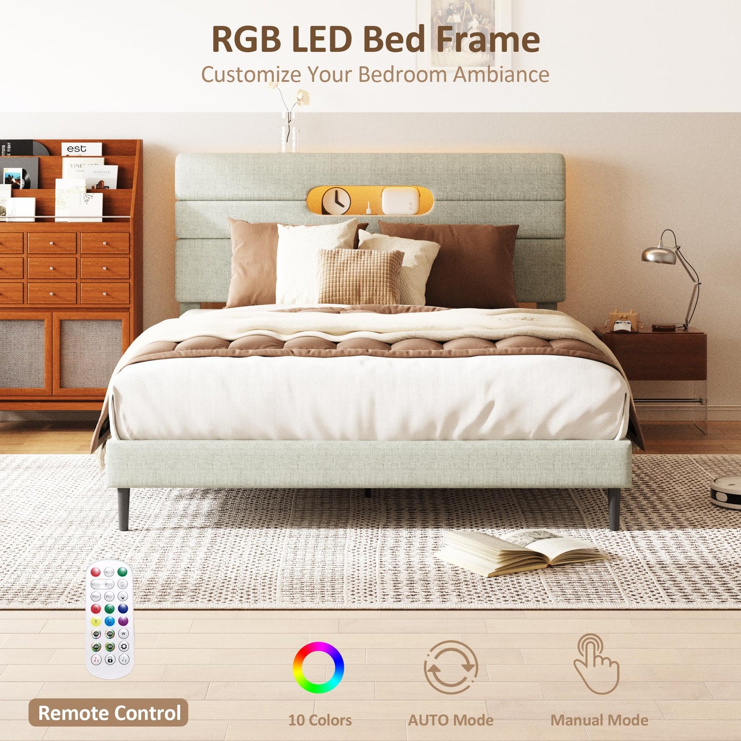 Sismplly Full Bed Frame with Linen Headboard, Platform Bed Frame with Upholstered Headboard, Mattress Foundation, No Box Spring Required, Easy Assembly, Light Green