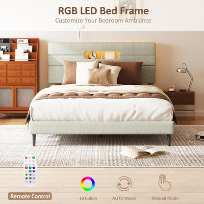 Sismplly Full Bed Frame with Linen Headboard, Platform Bed Frame with Upholstered Headboard, Mattress Foundation, No Box Spring Required, Easy Assembly, Light Green
